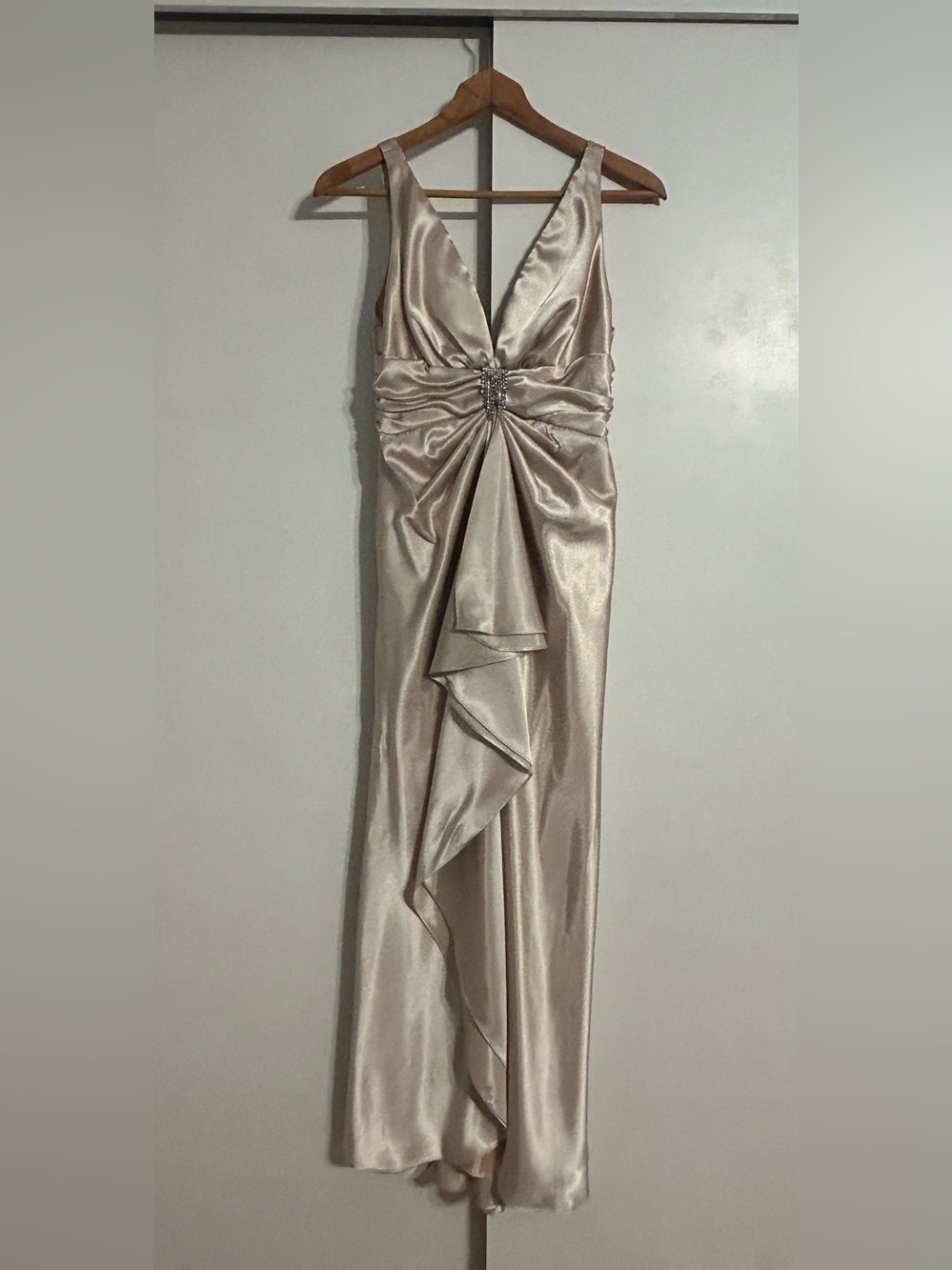 Vintage Faviana Satin Champagne V-Neck Evening Gown with Embellished Waist
